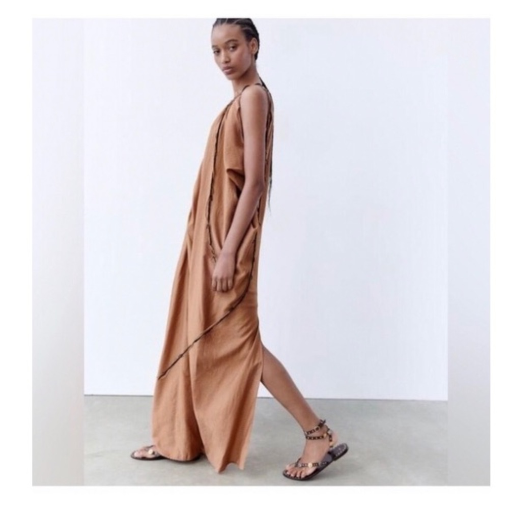 NWT • ZARA • STUNNING Lightweight Billowy Maxi Dress with Black Beaded Trim - Picture 4 of 14